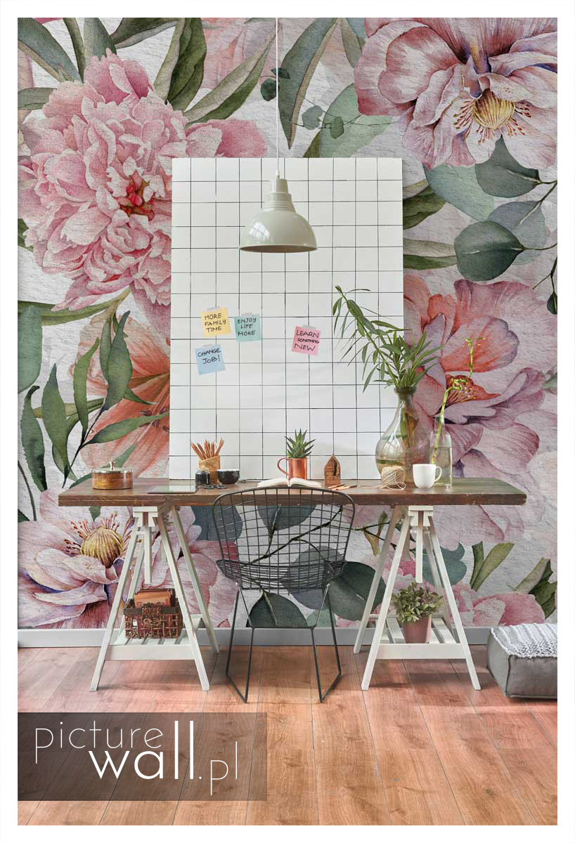 Home office z fototapetą autorską Kwiaty
